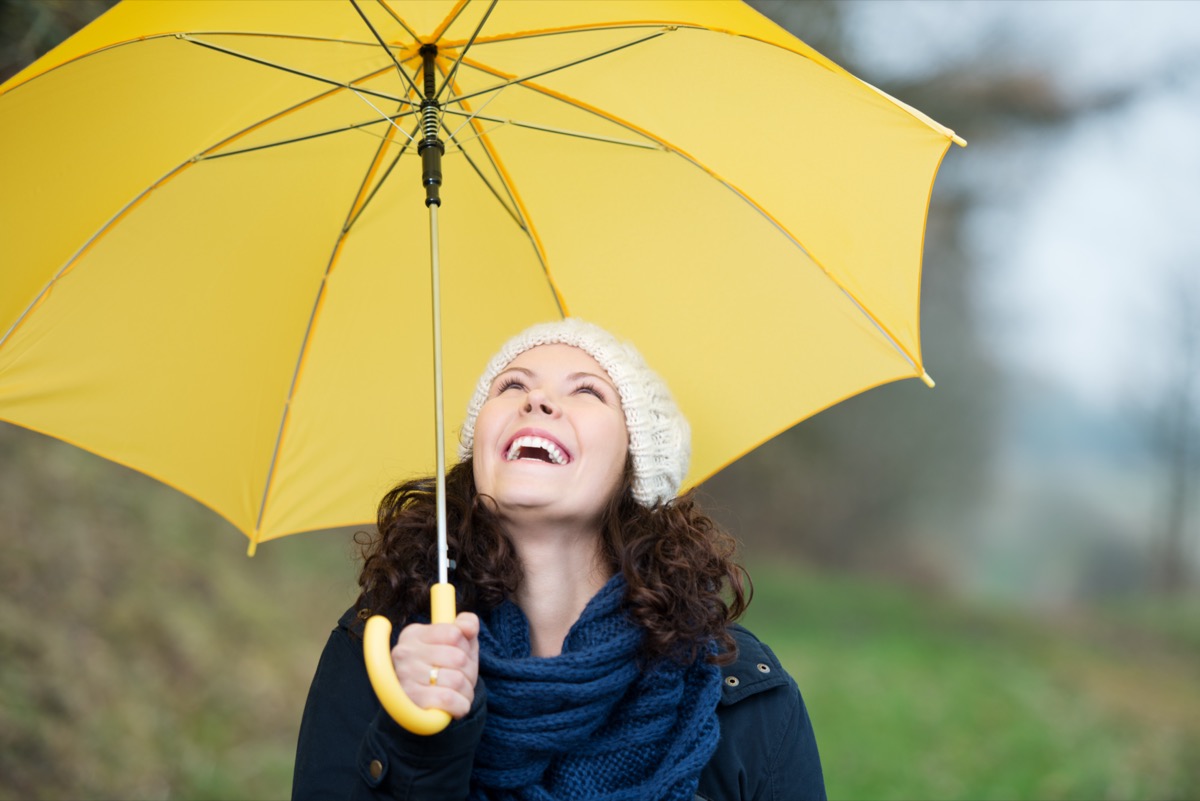 Happy young woman in winter clothes holding yellow umbrella in park