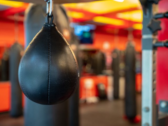 black speedbag in boxing gym