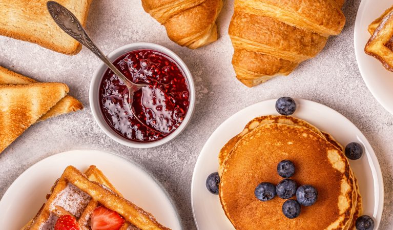 breakfast foods jam bread pancakes toast pastires