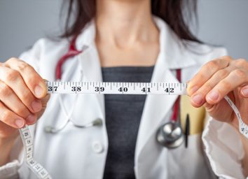 Doctor holding a tape measure in her hands which shows 40 inches as abdominal circumference.