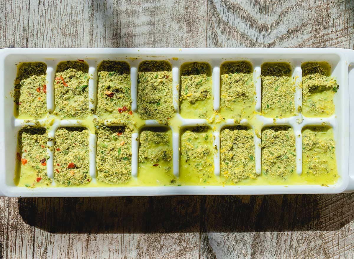 basil pesto frozen in ice cube trays