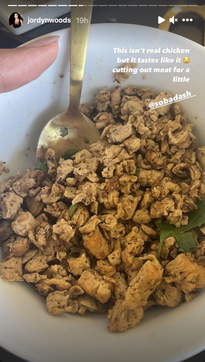a bowl of fake chicken in a white bowl from an instagram screenshot