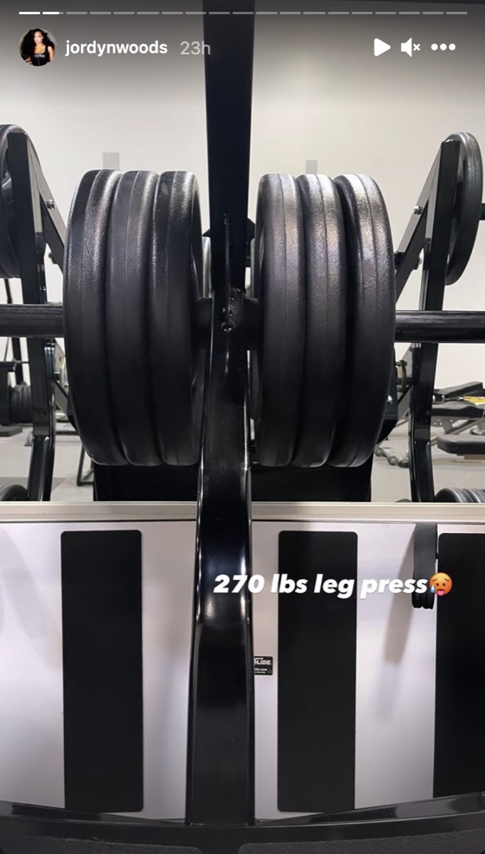 screenshot of an instagram story with a large leg press weight and the words "270 lbs leg press"