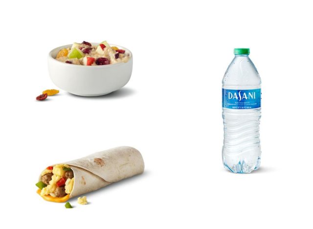 sausage burrito, oatmeal, and water