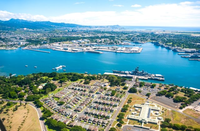 aerial daytime view of pearl harbor at the edge of pearl city hawaii