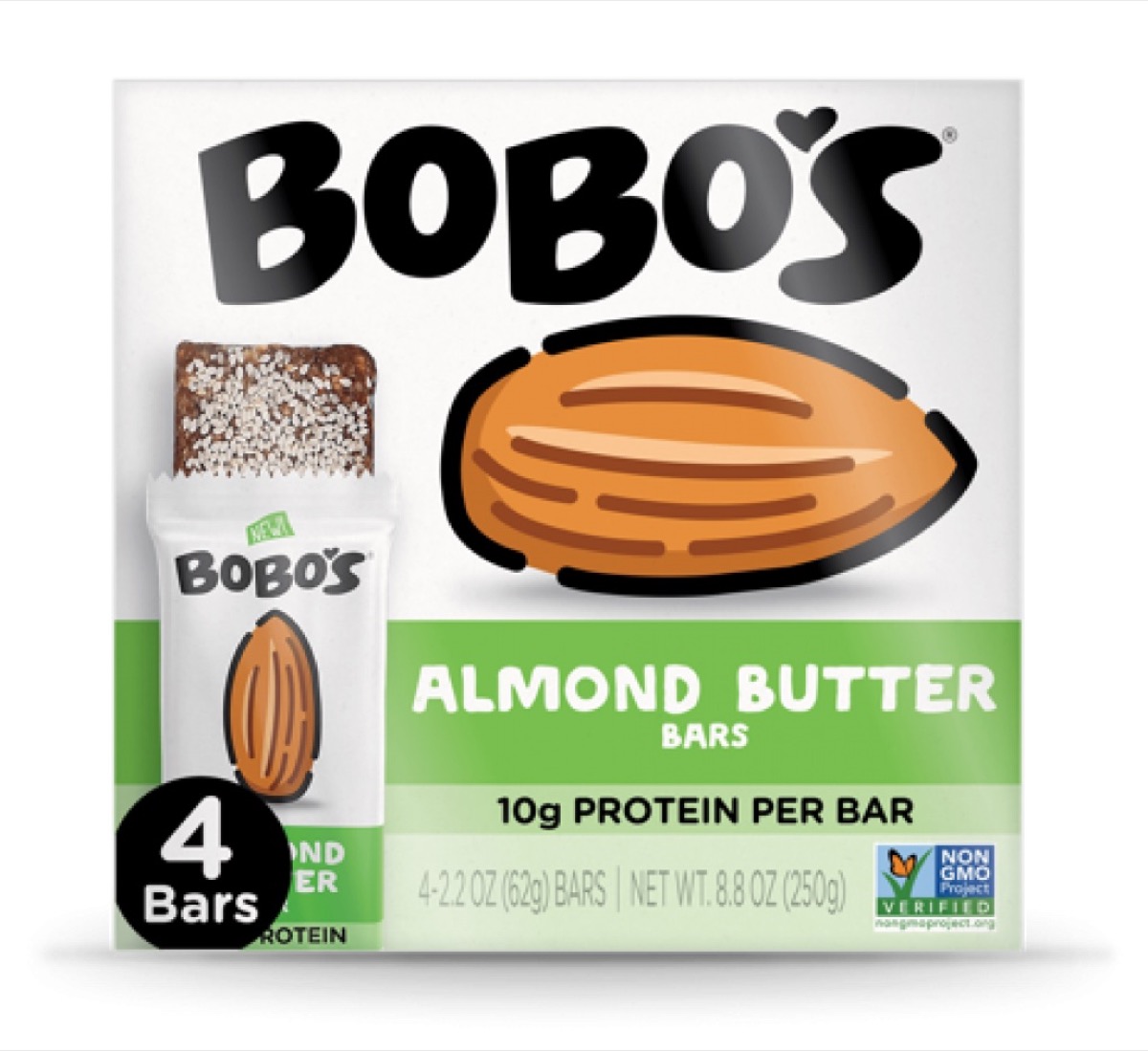 bobo's almond butter bars box against white background