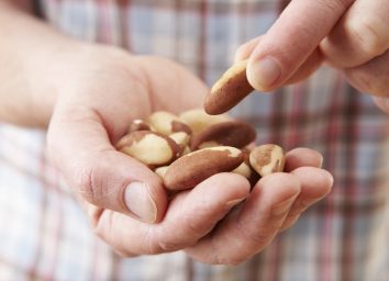 person picking out one brazil nut while holding a handful of brazil nuts in their other hand