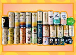 a photo of 30 different canned cocktails on a designed pink and yellow background