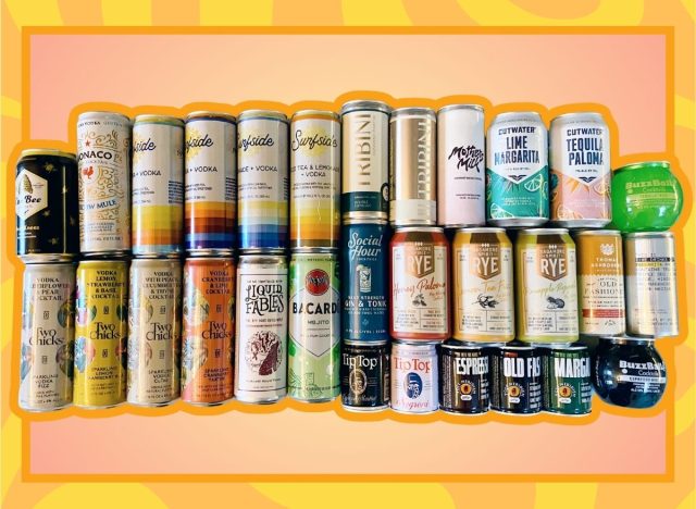 a photo of 30 different canned cocktails on a designed pink and yellow background