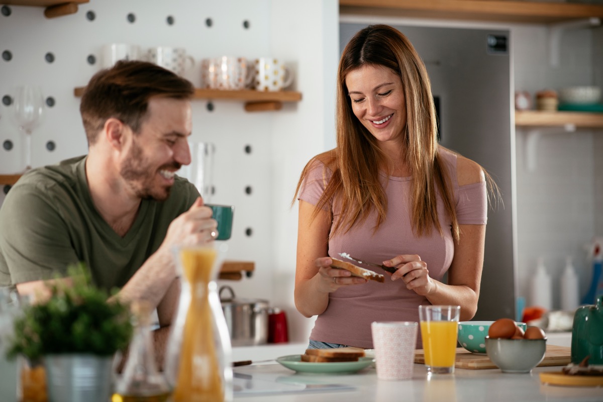 young couple making breakfast in their modern kitchen