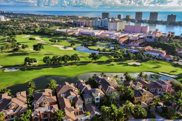 aerial view of boca raton florida community, looking across golf community toward beach and atlantic ocean