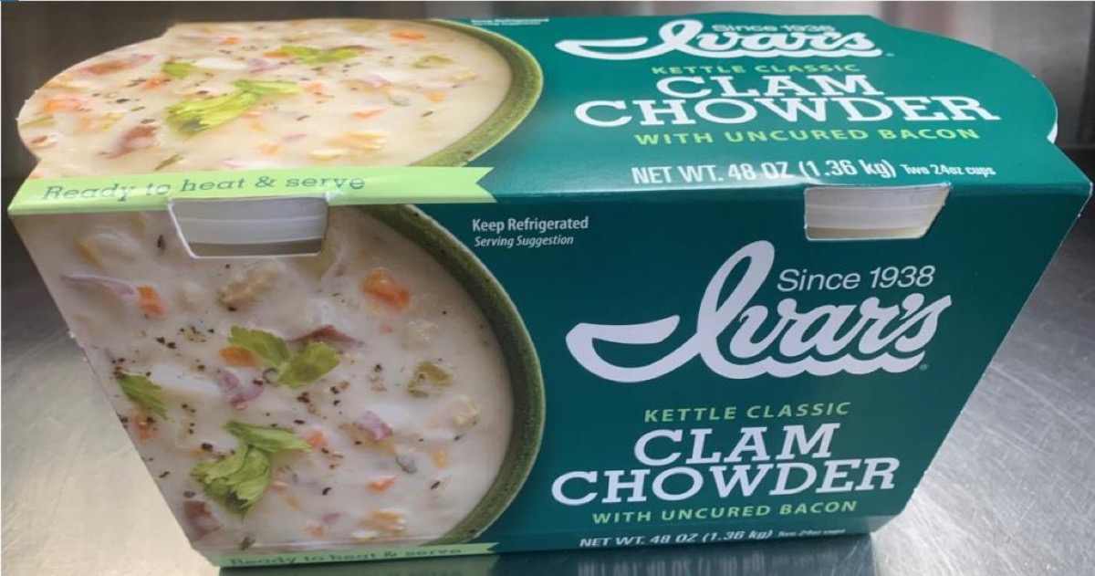 package of clam chowder in green cardboard sleeve