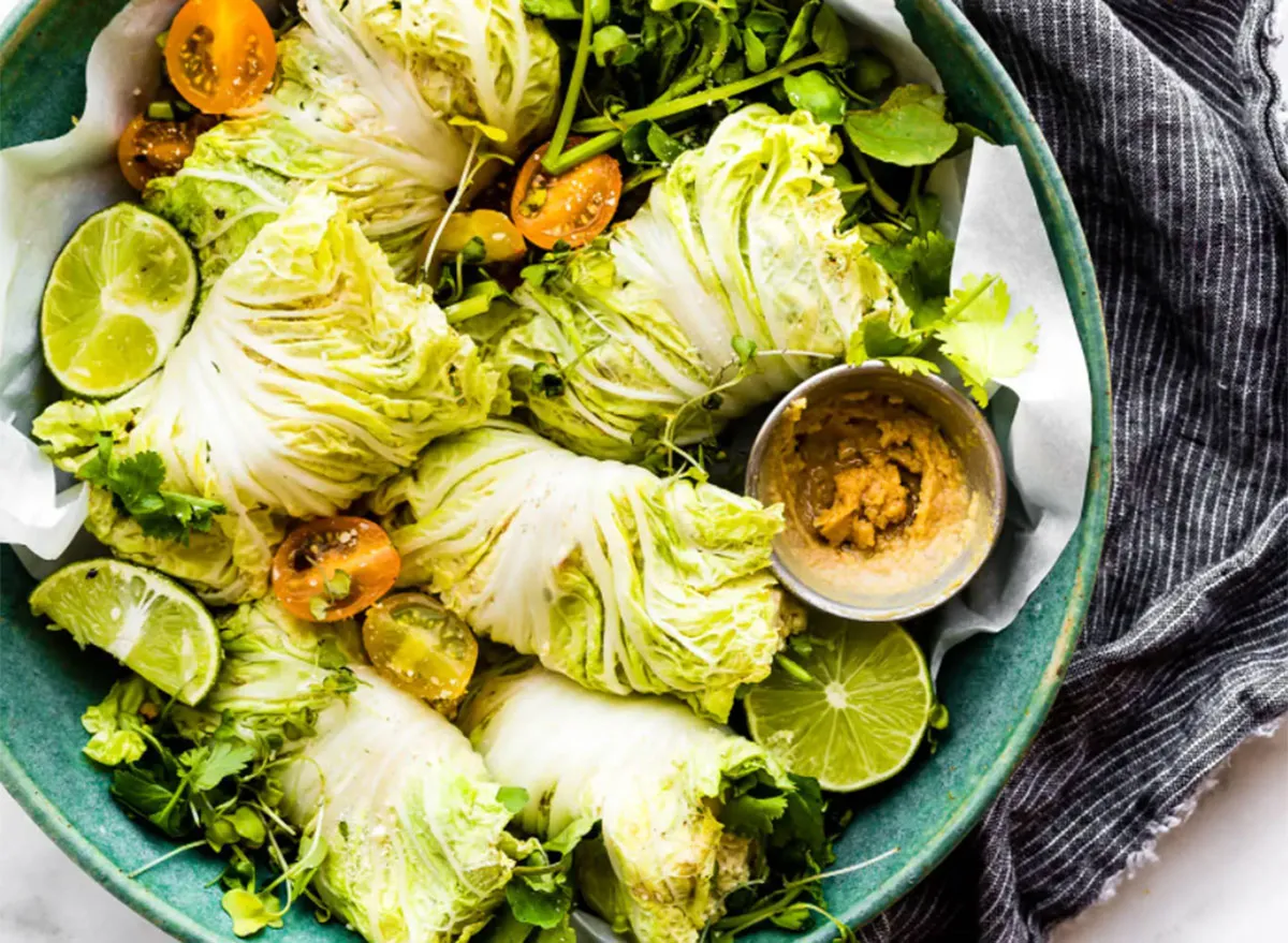 miso mango chicken salad cabbage wraps