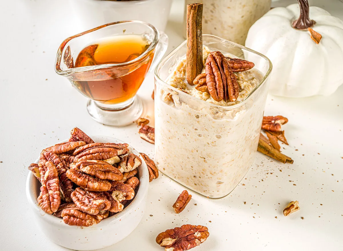 pecans with overnight oats and maple syrup