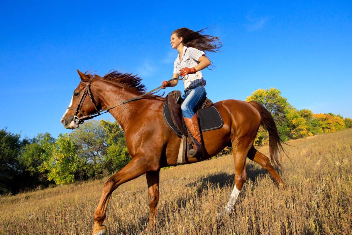 Woman riding a horse in countryside.
