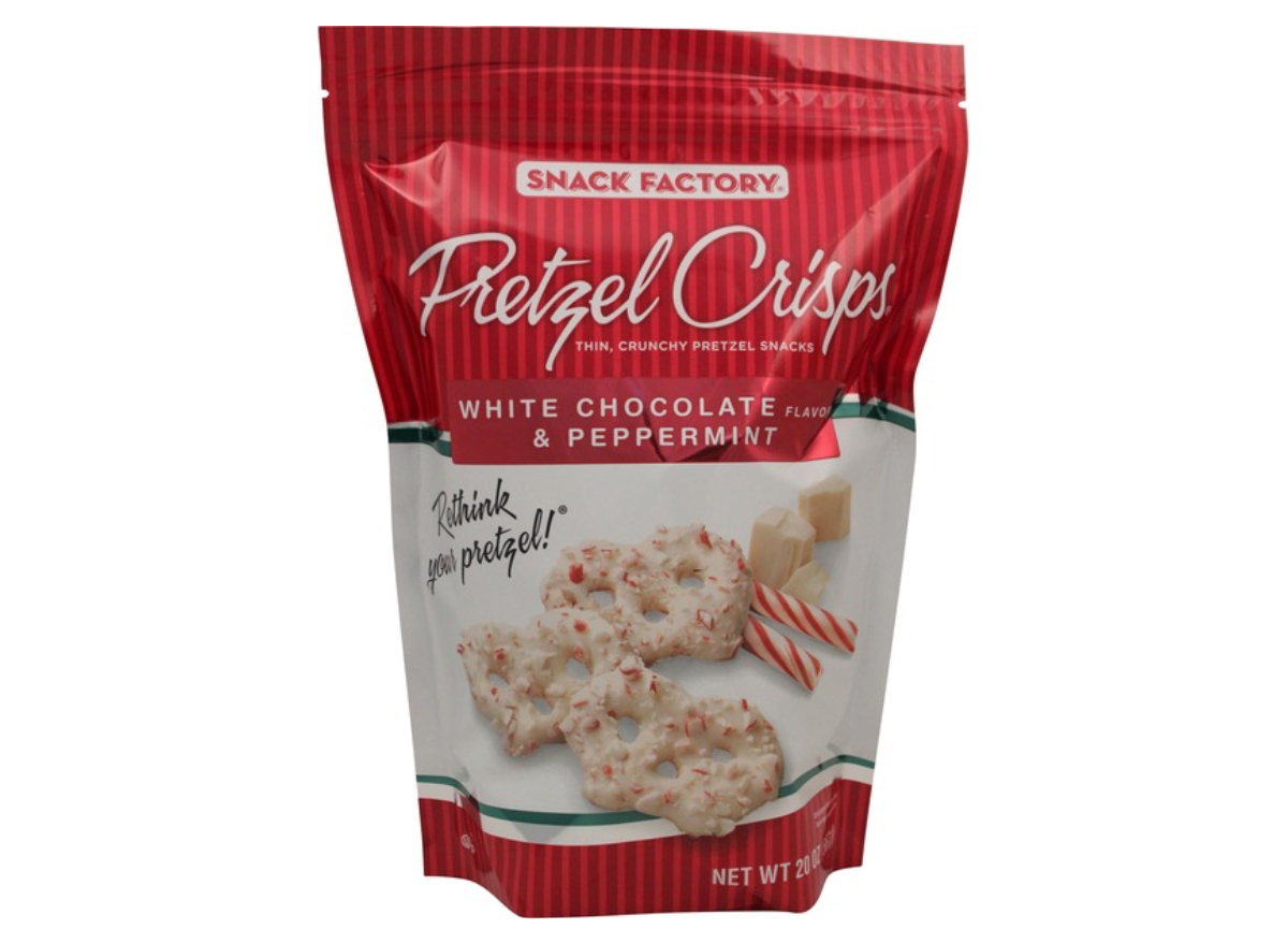 Costco Snack Factory Pretzel chips with white chocolate and mint