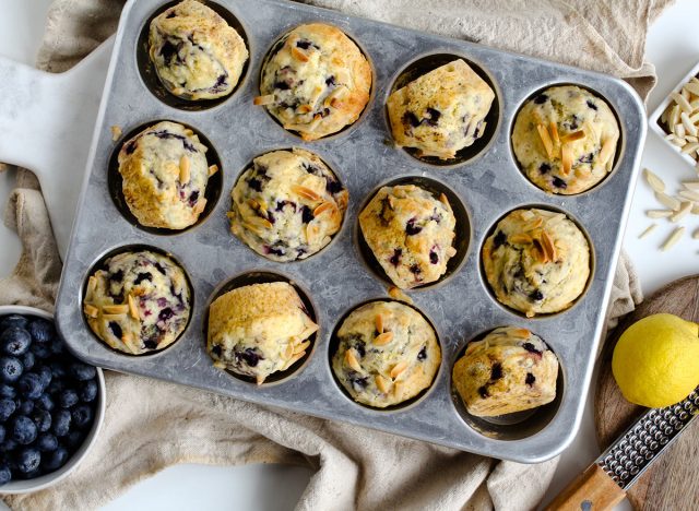 no sugar blueberry lemon muffins in a muffin tin