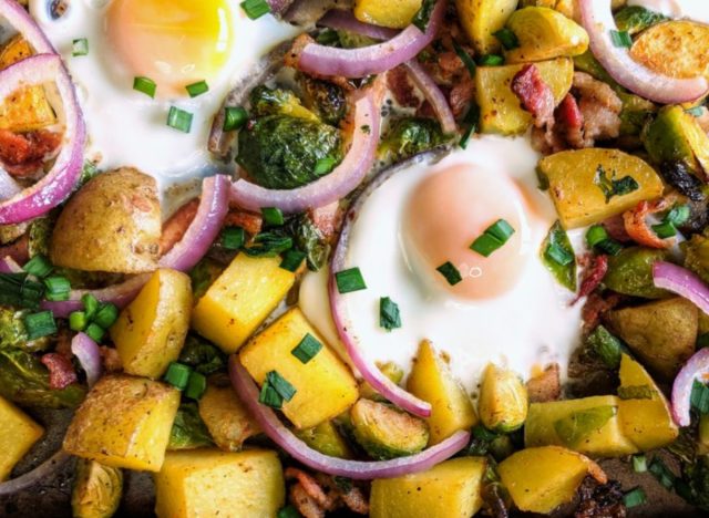 Whole 30 Breakfast Pan Bake with Potatoes, Brussel Sprouts and Bacon