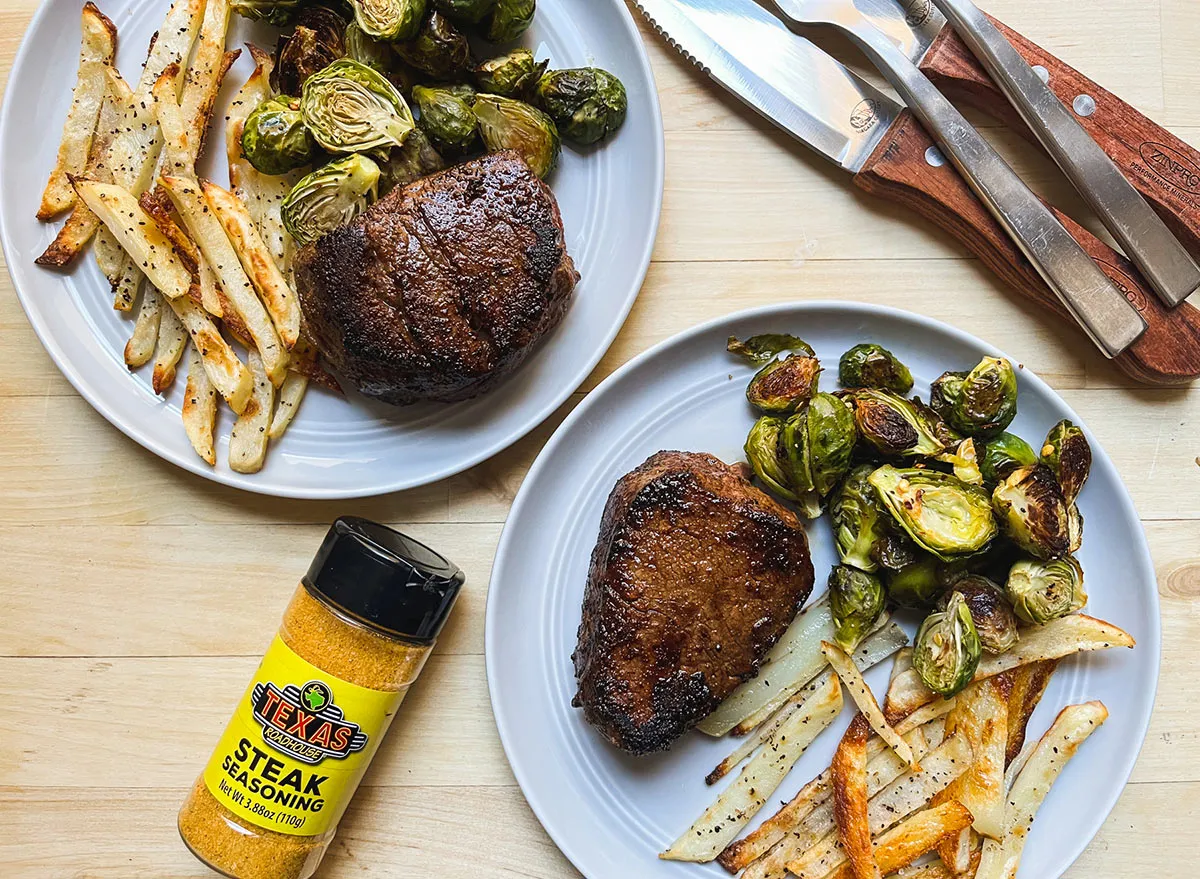 texas roadhouse butcher shop steaks served with roasted vegetables