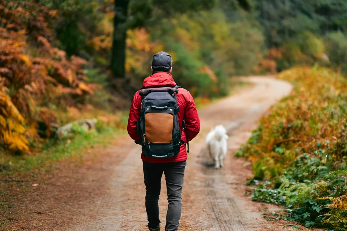 man walking with dog on trail with backpack on