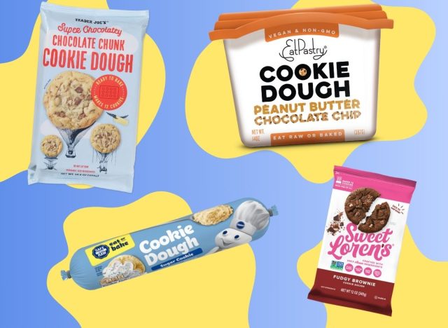 Four different varieties of ready-to-bake cookie doughs against a colorful background