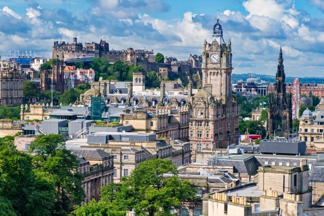 View of the city of Edinburgh in Scotland including several of its landmarks.