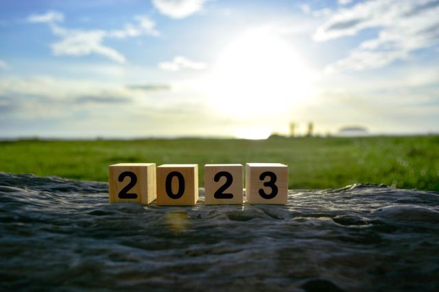 2023 number on wooden cube block on old tree stump with blurred background of green grass ocean and sunset