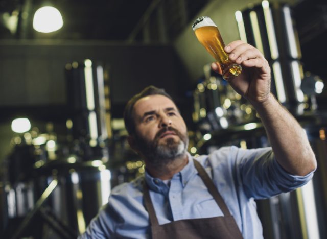 brewery worker examining beer