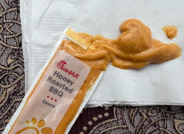 an open packet of chick-fil-a honey roasted bbq 