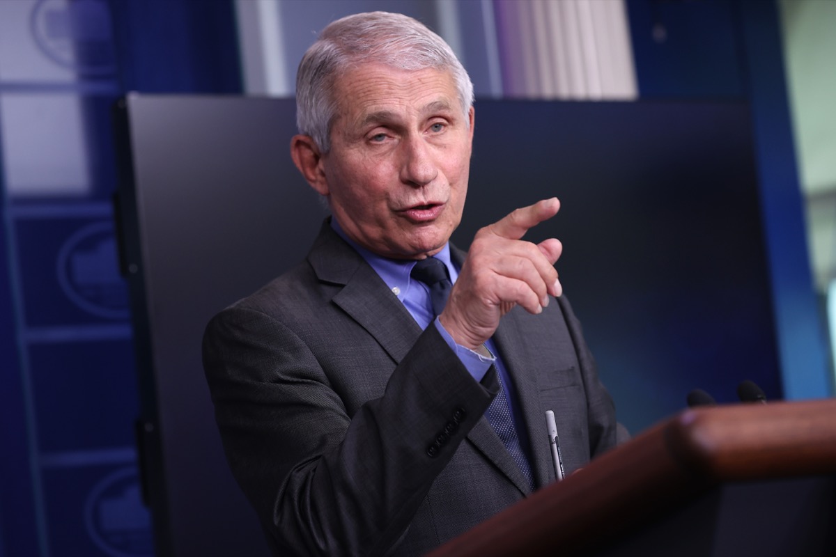 National Institute of Allergy and Infectious Diseases Director Dr. Anthony Fauci talks to reporters in the Brady Press Briefing Room at the White House