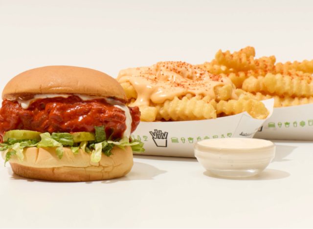 shake shack buffalo chicken sandwich and buffalo cheese fries