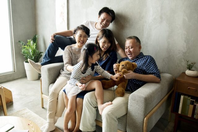 happy family on couch