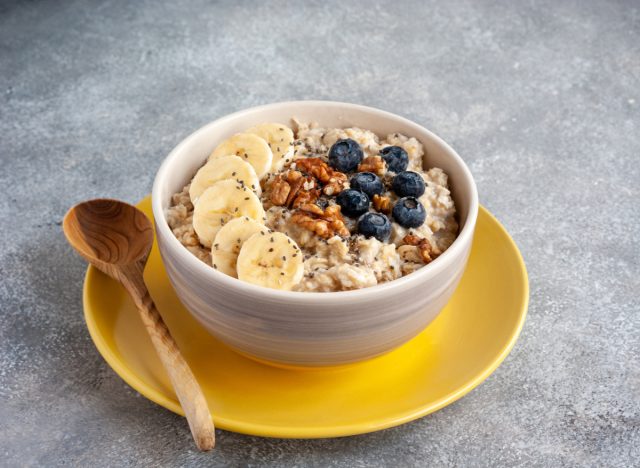 oatmeal with bananas, walnuts, blueberries, and chia seeds