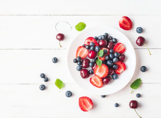 strawberries, blueberries, and cherries