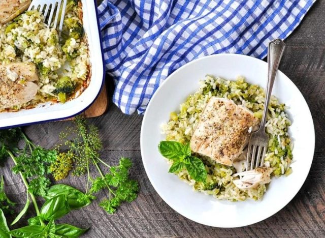 Dump and Bake Italian Fish with Broccoli and Rice