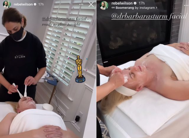 rebel wilson gets a facial before the oscars, Instagram Story side-by-side
