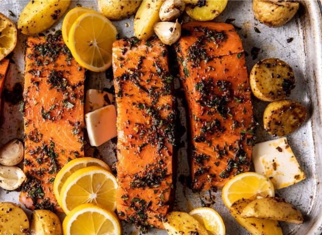 Roasted Lemon Garlic Butter Salmon with Feta and Olives