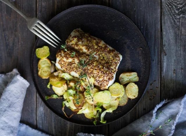 Roasted Mustard White Fish with Potato Hash and Brussels Sprouts