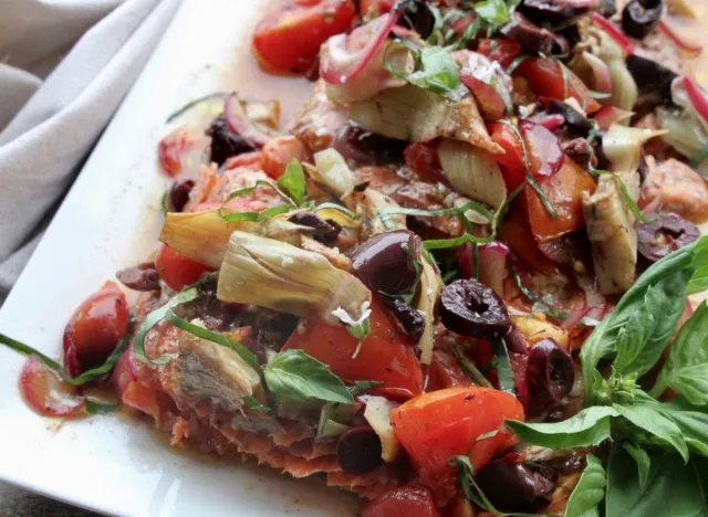 Salmon with Tomatoes, Olives, and Artichokes