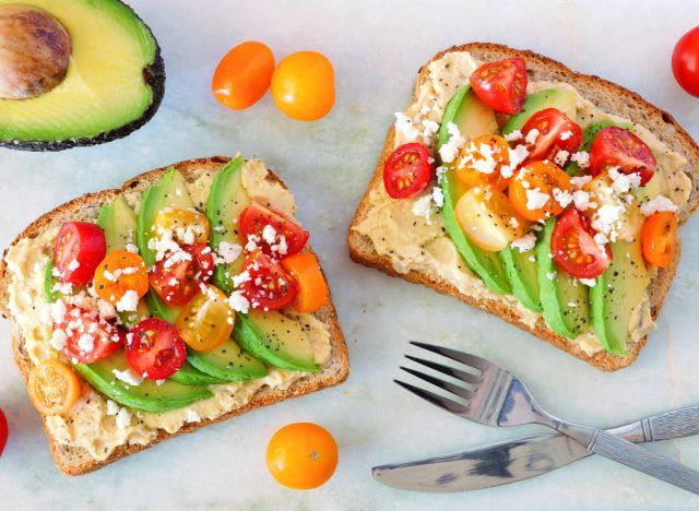 avocado toast with hummus and cherry tomatoes