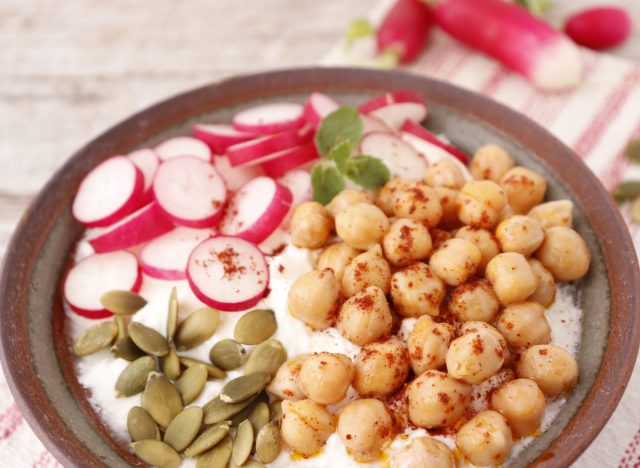greek yogurt with radishes, chickpeas, and pumpkin seeds