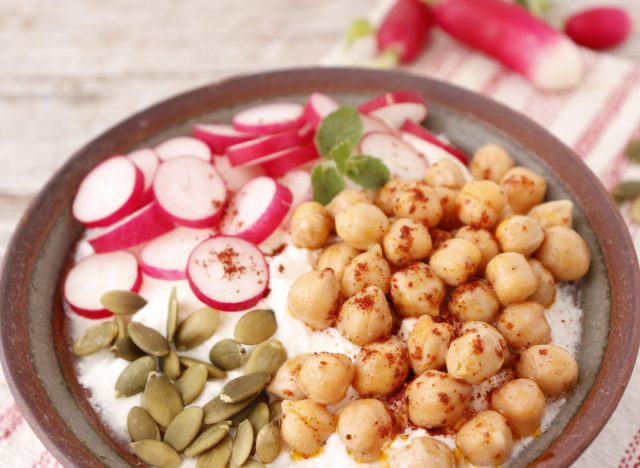 greek yogurt with radishes, chickpeas, and pumpkin seeds