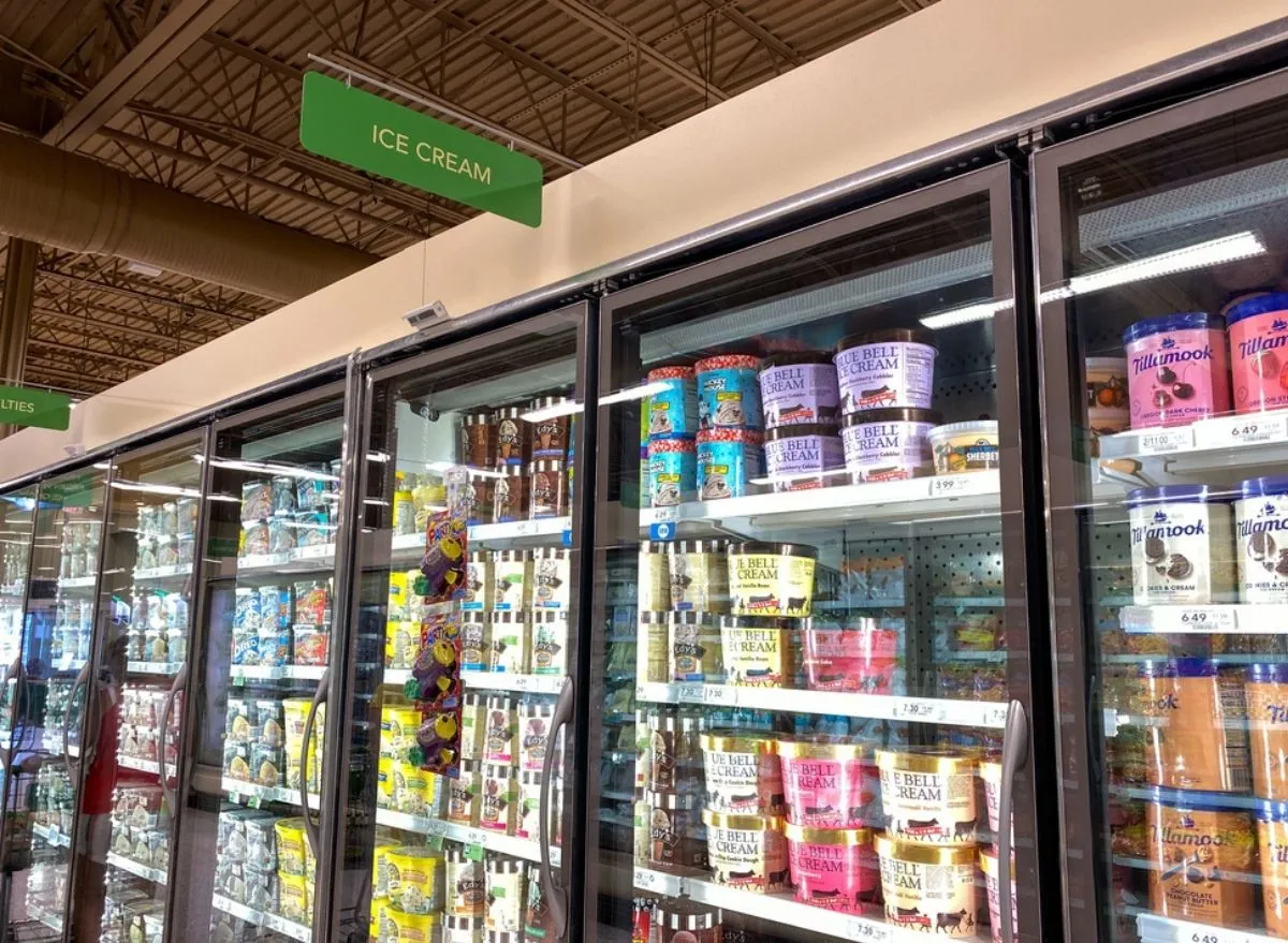 ice cream aisle at grocery store