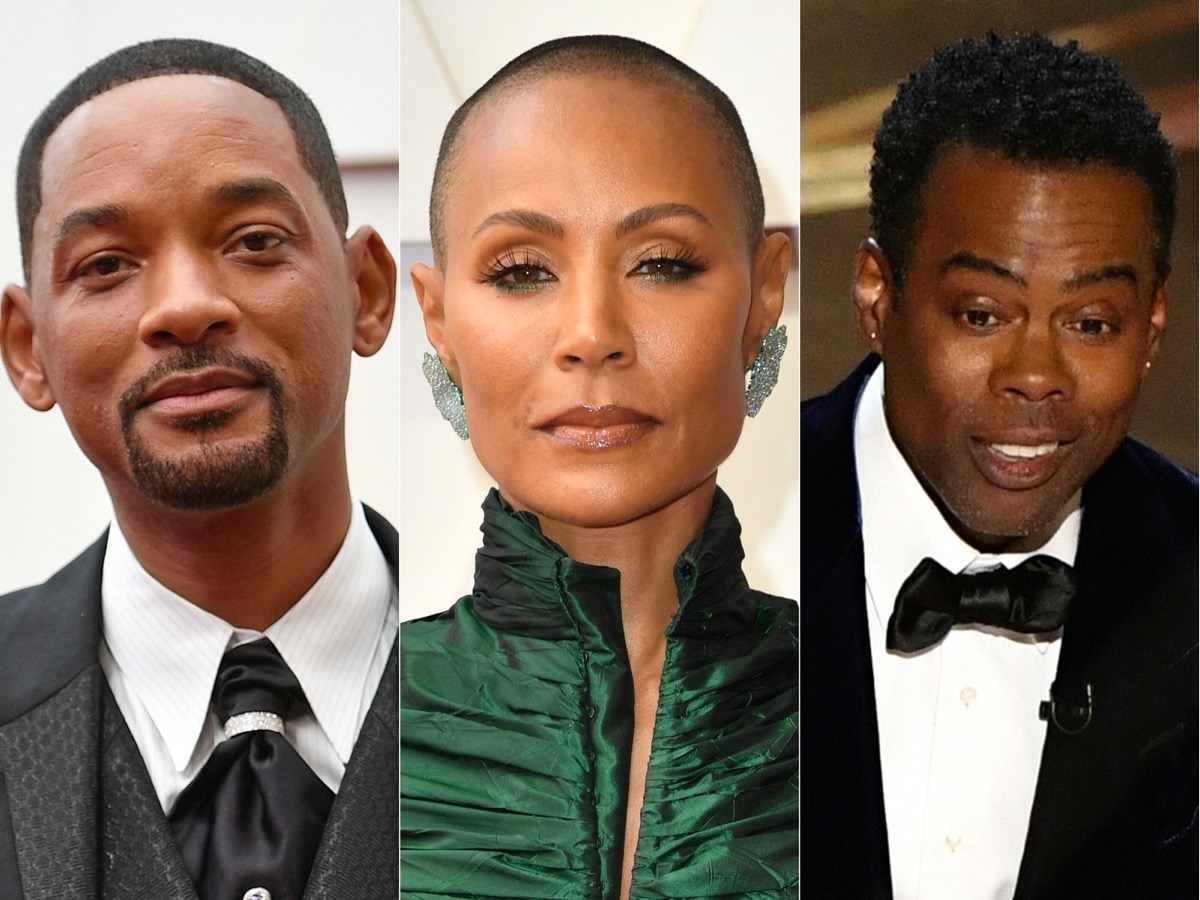US actor Will Smith (L), US actress Jada Pinkett Smith attend the 94th Oscars at the Dolby Theatre in Hollywood, California on March 27, 2022 and US actor Chris Rock speaks onstage during the 94th Oscars at the Dolby Theatre in Hollywood, California.