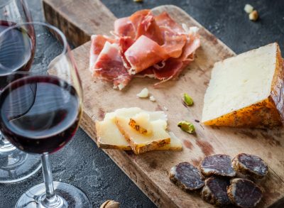 wine, cheese, and dried meat
