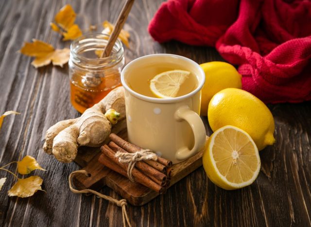 Ginger tea with lemon, honey, and cinnamon
