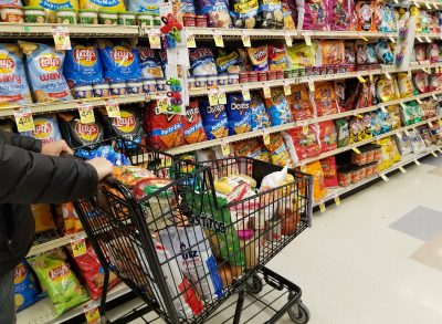 Grocery chips and snacks with cart