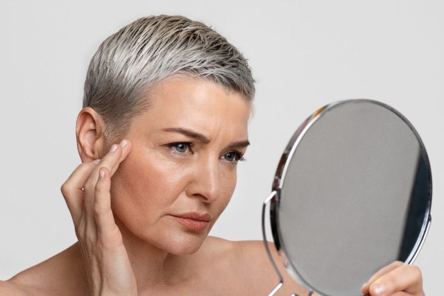 mature woman looking in mirror at aging facial skin