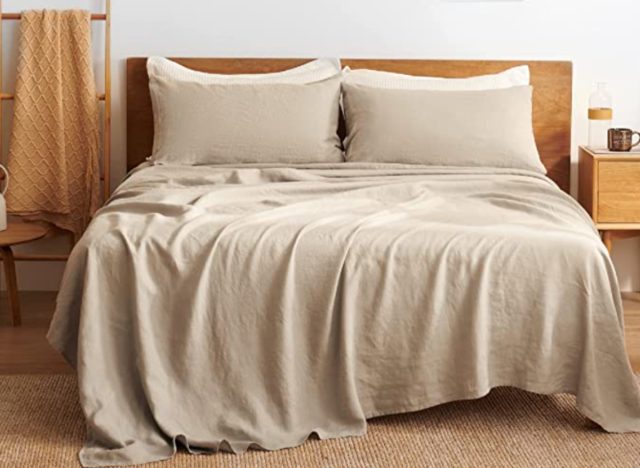 tan Bedsure linen sheets from Amazon on bed