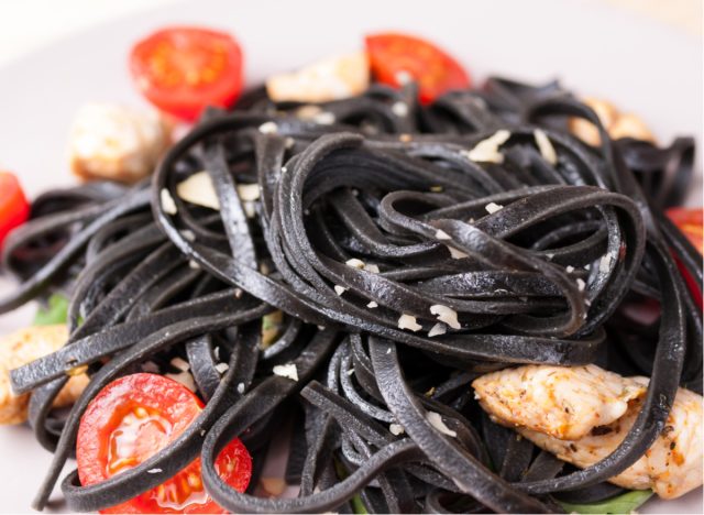 black tagliolini pasta with chicken and tomatoes